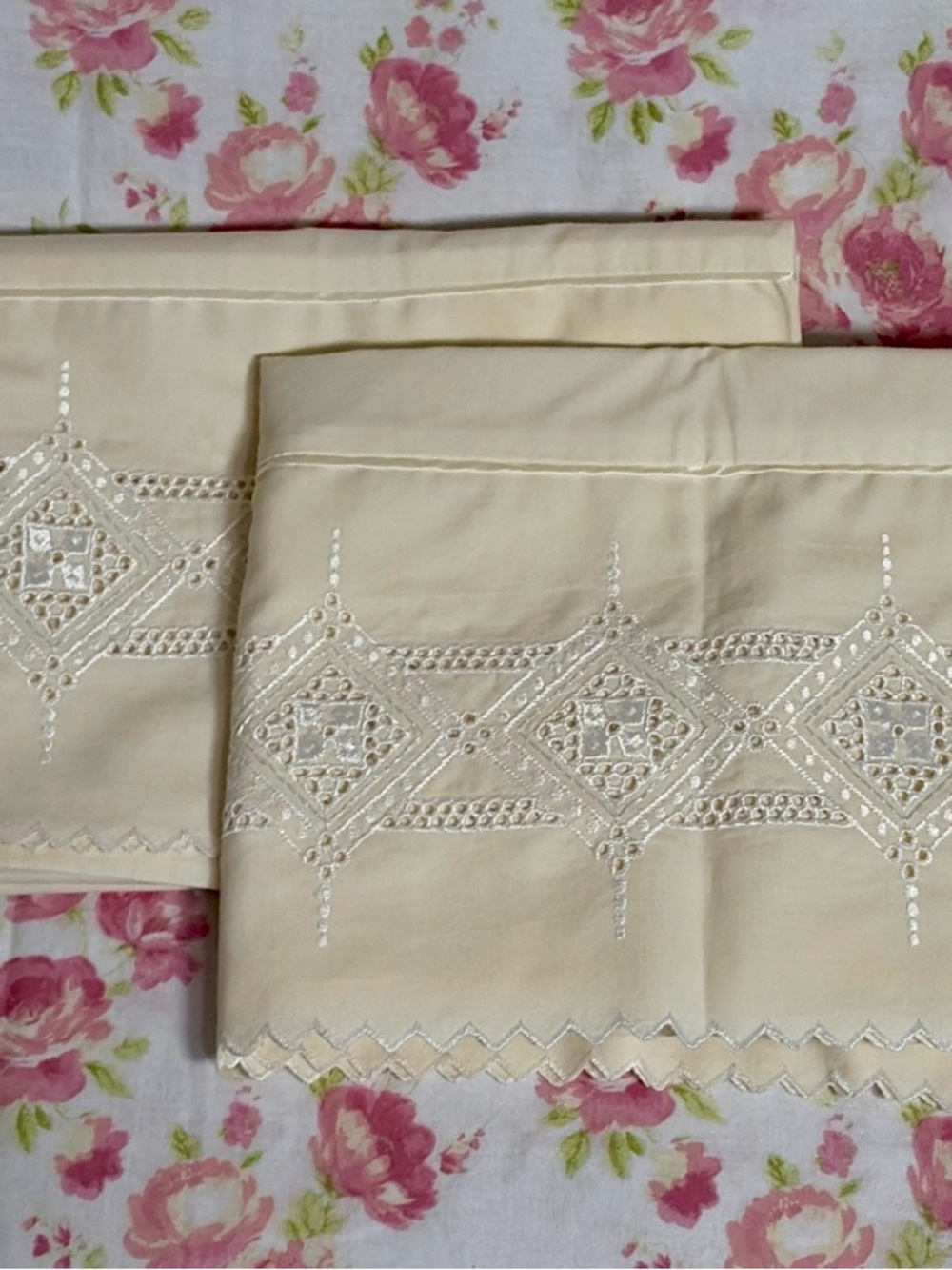 Luxury Ivory Cotton Pillowcases Set Broderie Anglaise Lace 31x20 New Pair